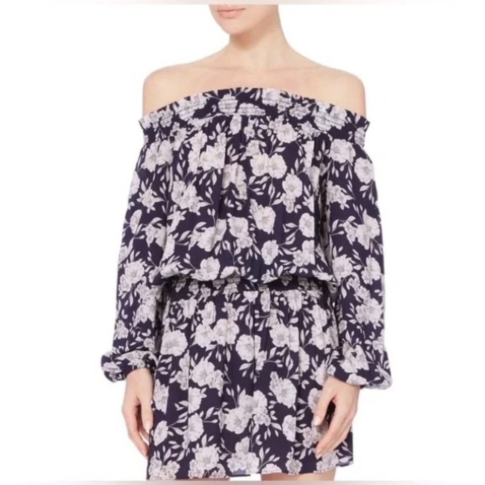 Intermix Exclusive Emily Smocked Floral Off The Shoulder Mini Dress Navy XS